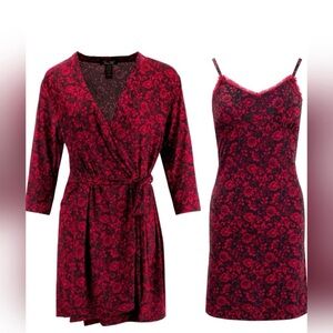 Rene Rofe 2X Red Black Floral Sleepwear Set Robe & Slip Nightgown Lingerie